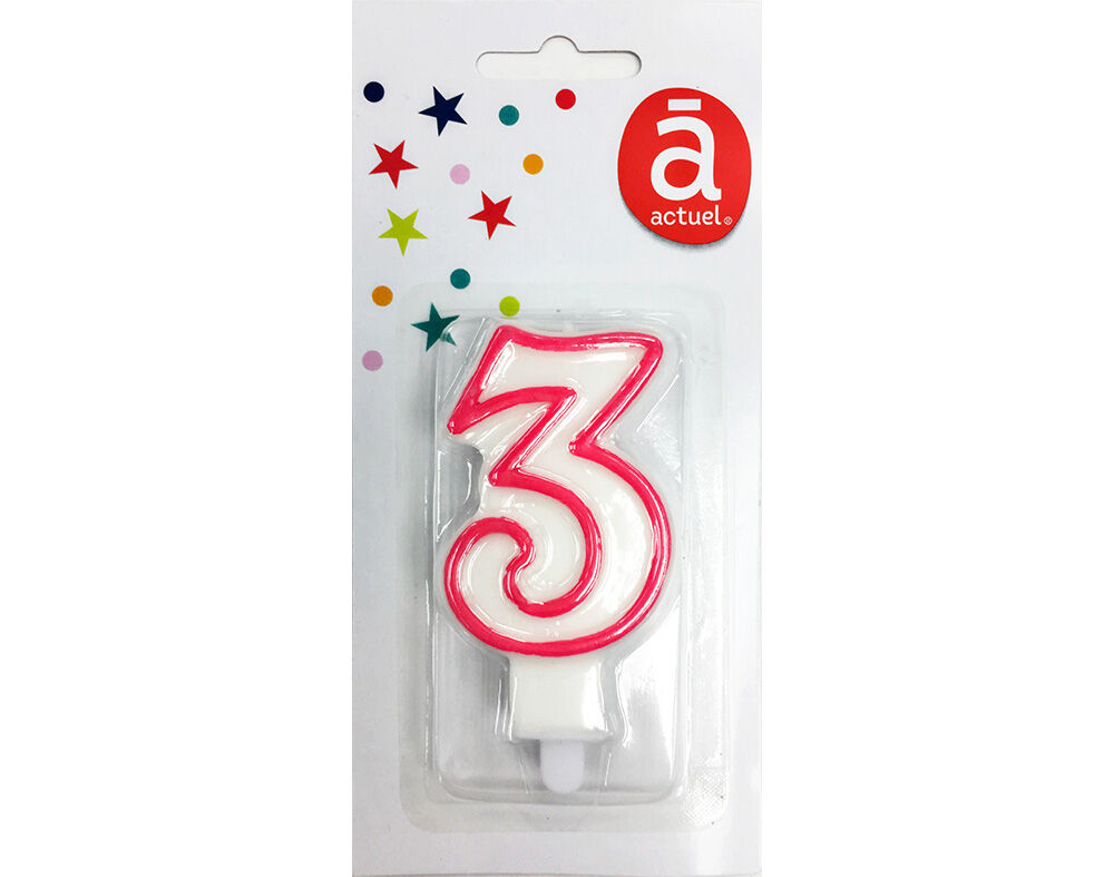 VELA DE ANIVERS&Aacute;RIO N&Uacute;MERO 3 ACTUEL BRANCO COM REBORDO COLORIDO