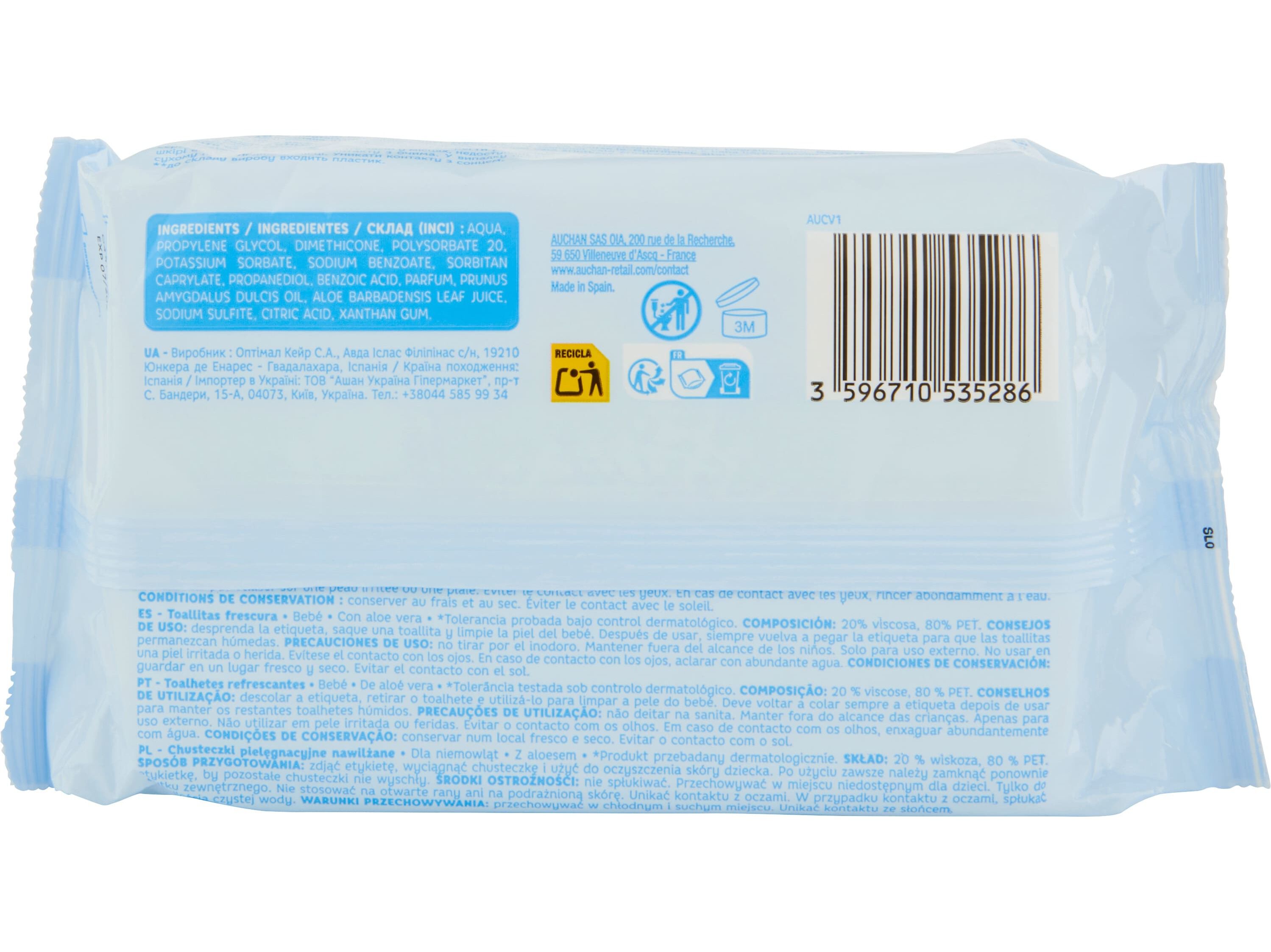 TOALHITAS AUCHAN BABY REFRESCANTES C/ALOE VERA 3X72UN image number 2