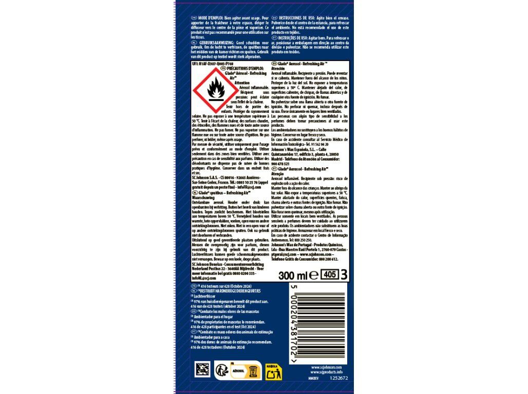 AMBIENTADOR GLADE PET AEROSSOL REFRESHING AIR 300ML image number 1