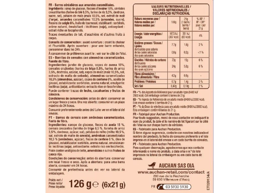 Barras Cereais Auchan Com Amêndoas E Caramel. 6 Un 126 G | Auchan
