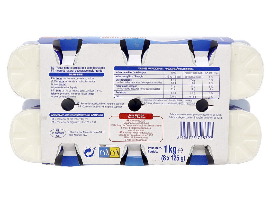 IOGURTE AUCHAN NATURAL A&Ccedil;UCARADO 8X125G image number 2