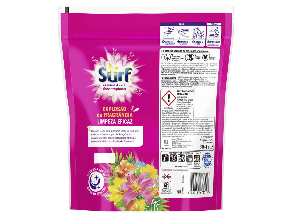 DETERGENTE ROUPA M&Aacute;QUINA C&Aacute;PSULAS SURF TRIO TROPICAL 72D image number 1