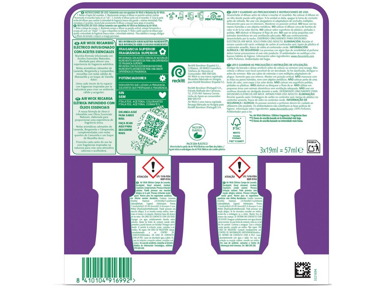 AMBIENTADOR EL&Eacute;CTRICO RECARGA AIRWICK CAMPO LAVANDA 3X19ML image number 1