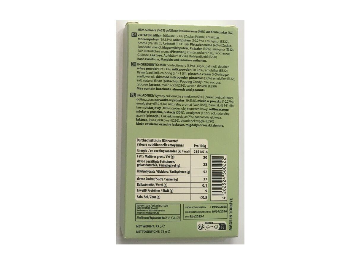 TABLETE CHOCOLATE LABUCHOC CREME DE PISTACHIO 75G image number 1