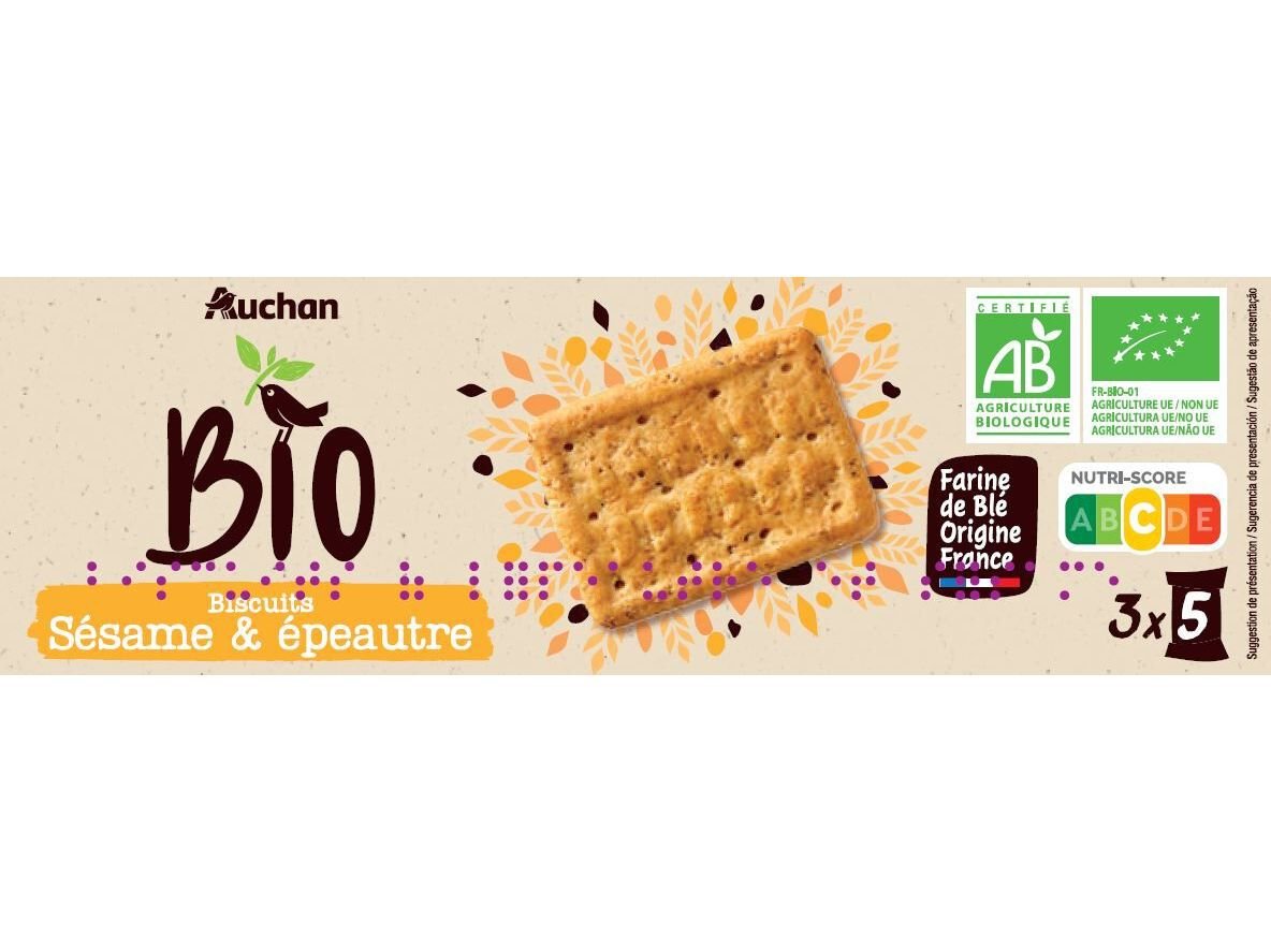 BOLACHA AUCHAN BIO COM ESPELTA E SESAMO 150G
