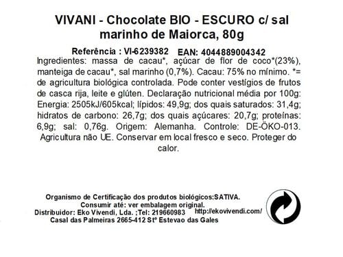 CHOCOLATE VIVANI PRETO COM SAL MARINHO BIO 80G