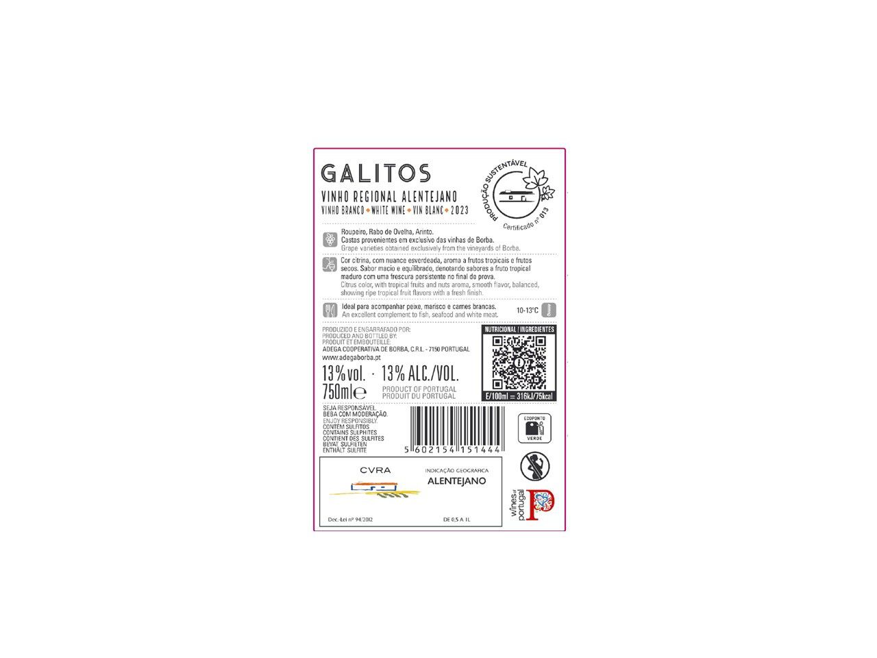 VINHO BRANCO GALITOS ALENTEJO 0.75L image number 1