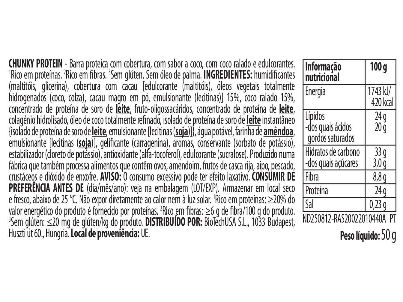 BARRAS PROTEINA BIOTECH USA CHUNKY COCONUT 50G image number 1