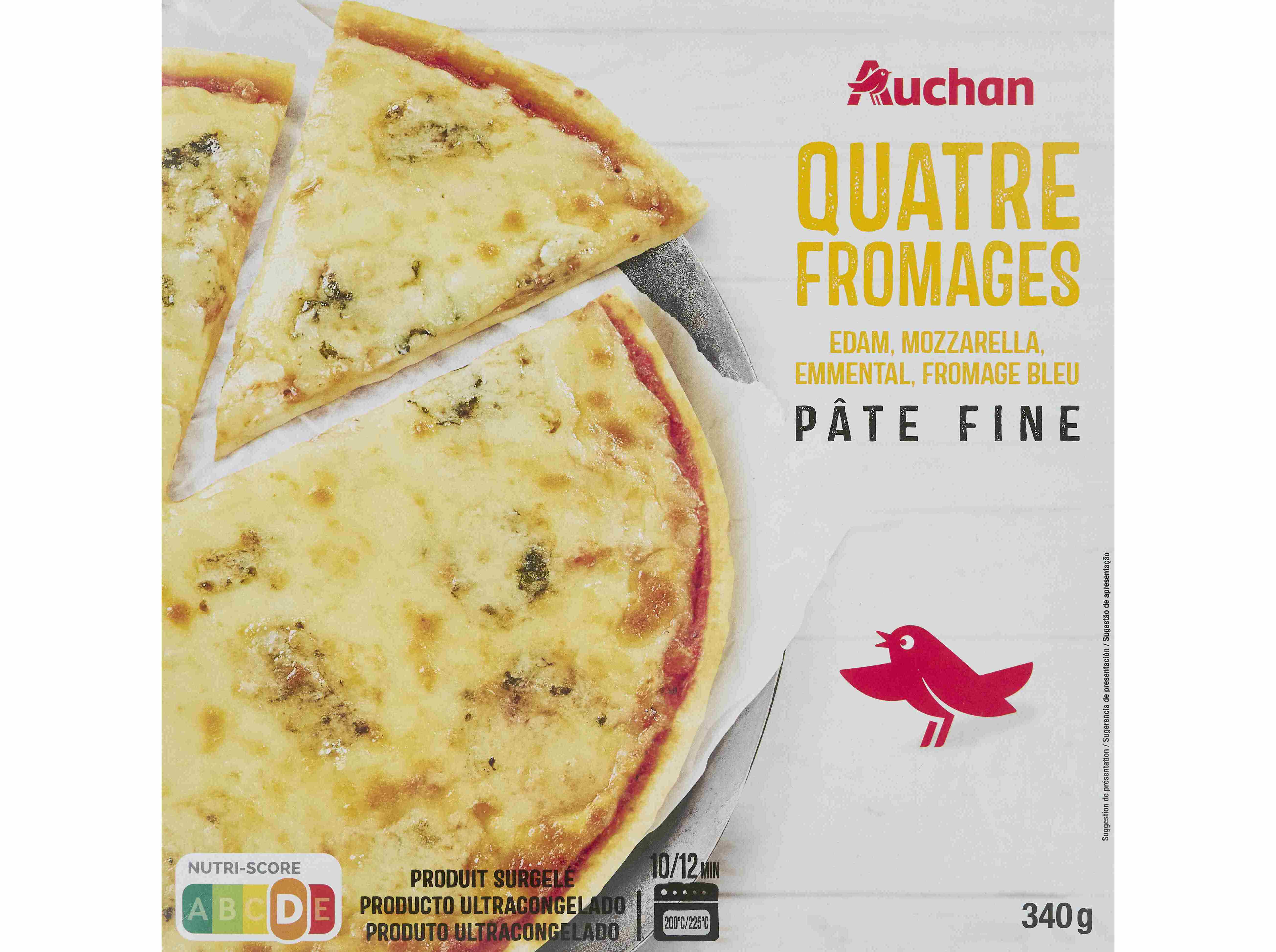 PIZZA AUCHAN MASSA FINA 4 QUEIJOS EDAM MOZZARELA EMMENTAL BLEU 340G