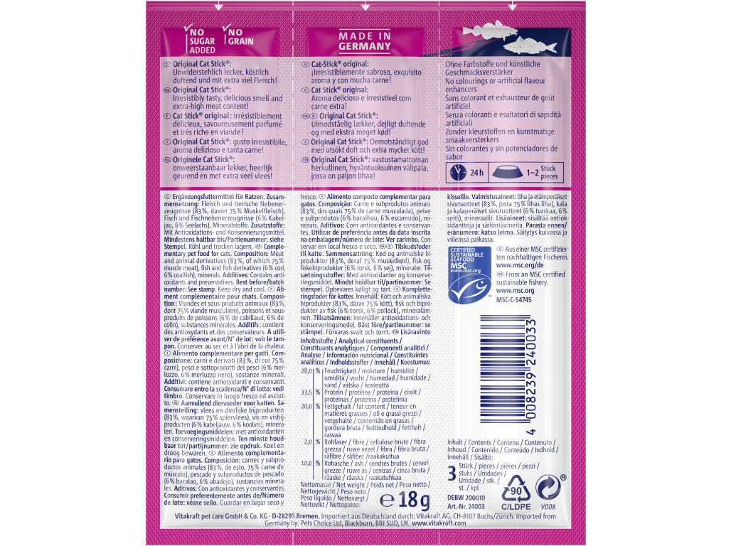 SNACKS PARA GATO MINI VITAKRAFT STICK COM BACALHAU E ATUM PACK 3 UNIDADES image number 1