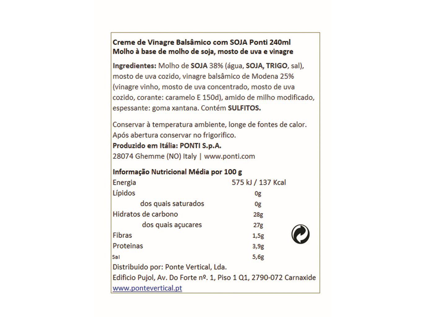 CREME VINAGRE BALSAMICO PONTI COM SOJA 240GRS image number 1