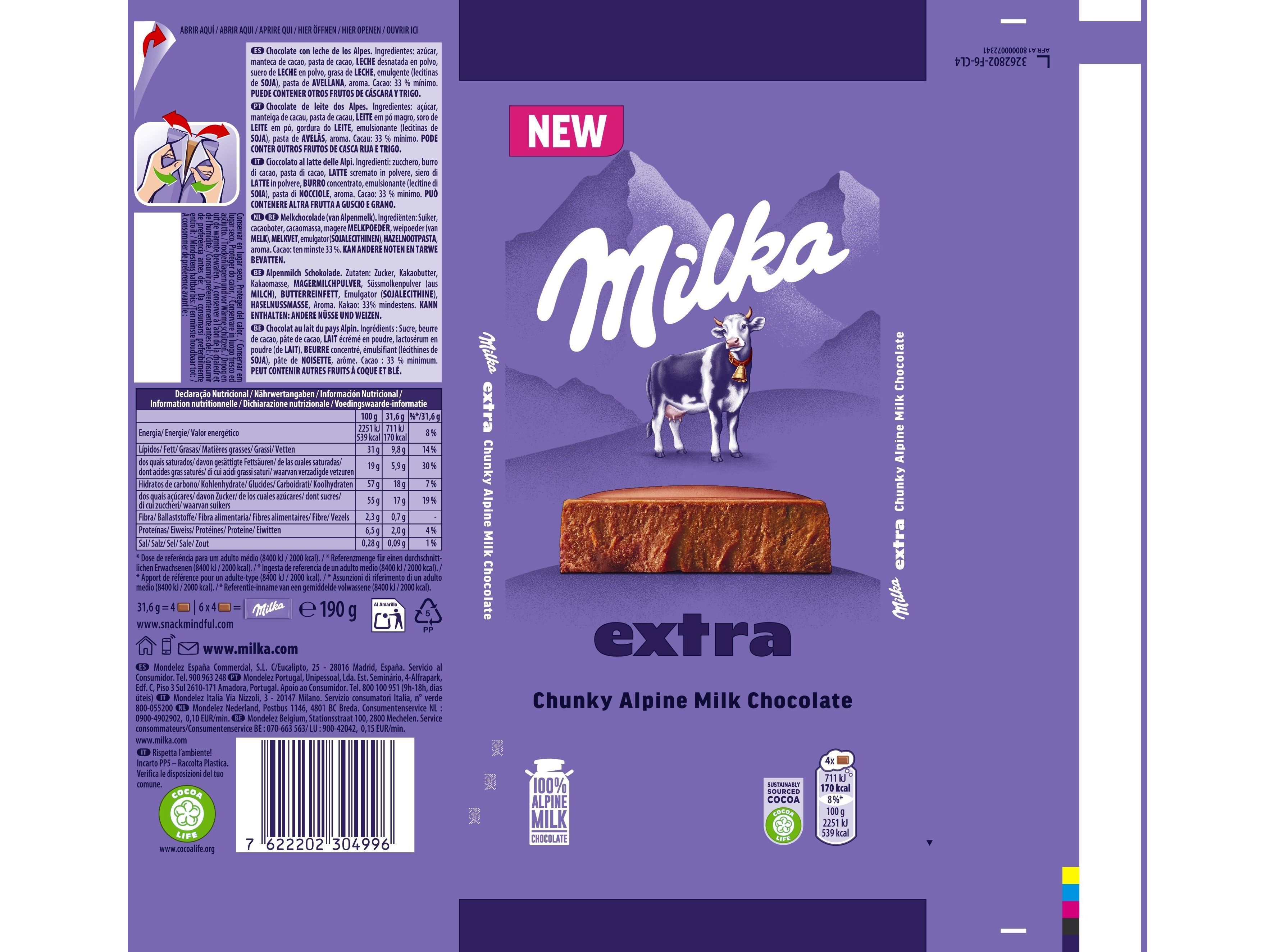 CHOCOLATE DE LEITE MILKA CHUNKY ALPINE 190G image number 1