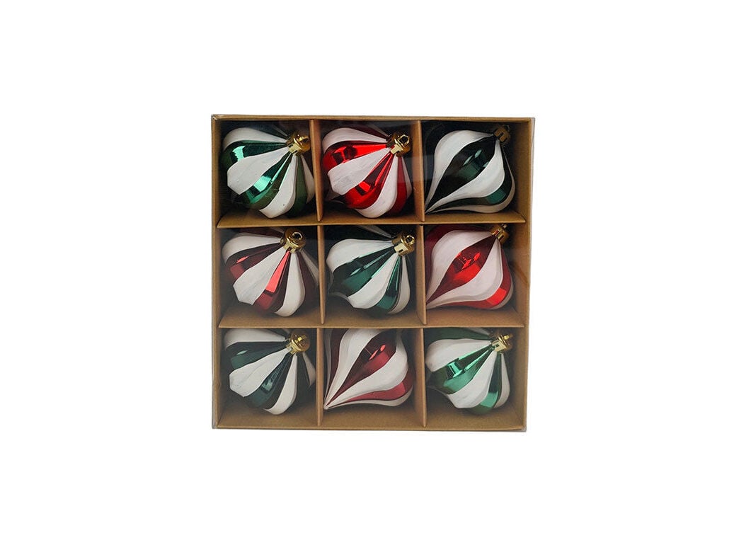 CAIXA 9 BOLAS NATAL ACTUEL PL&Aacute;STICO RISCAS 8CM