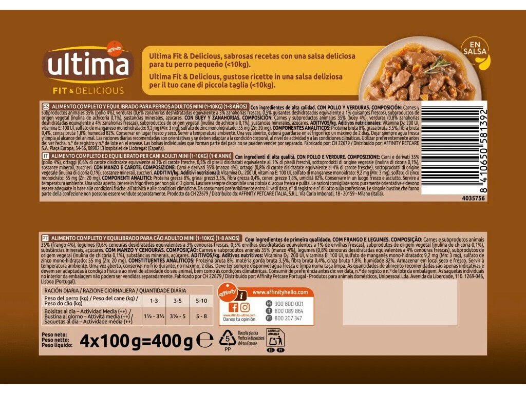 COMIDA H&Uacute;MIDA PARA C&Atilde;O MINI ULTIMA FIT&DEL FRANGO/VACA 4X100G image number 1