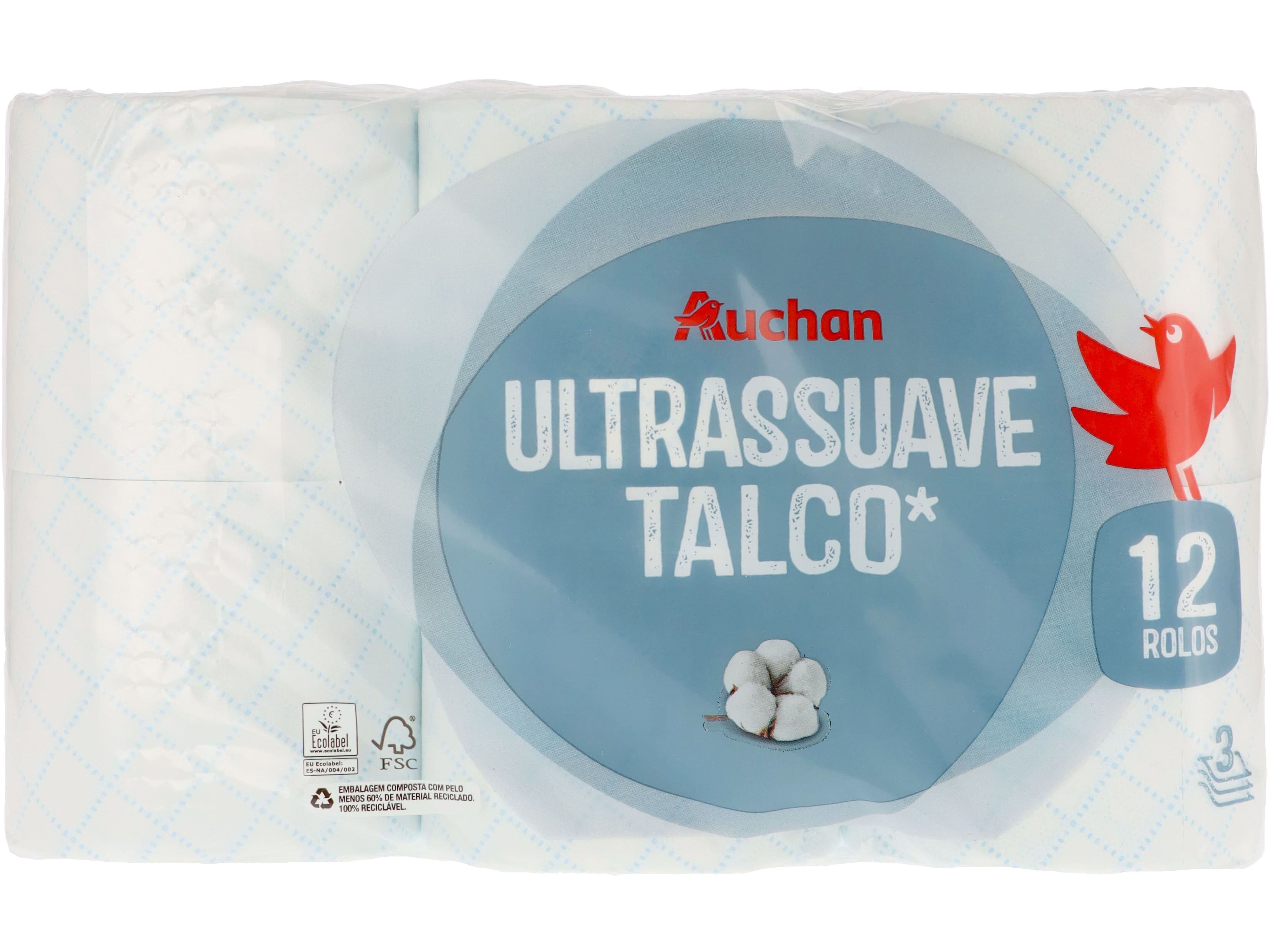 PAPEL HIGI&Eacute;NICO AUCHAN ULTRASSUAVE TALCO 3 FOLHAS 12 ROLOS