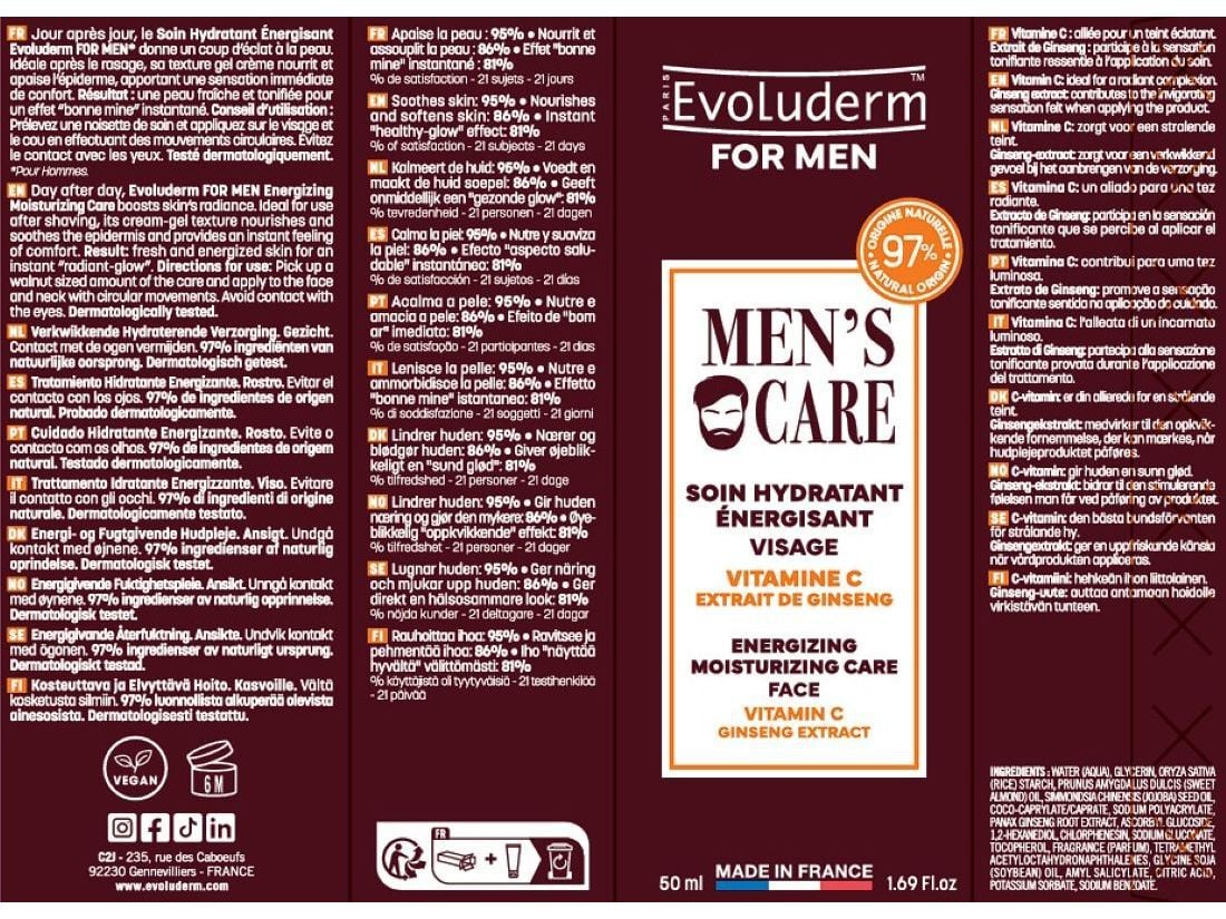 CREME DE ROSTO EVOLUDERM MEN VITAMINA C GINSENG 50ML image number 1