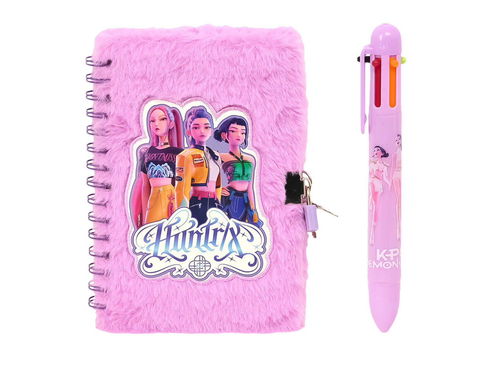 CONJUNTO DI&Aacute;RIO COM CADEADO E ESFEROGR&Aacute;FICA 4 CORES KPOP DEMON HUNTERS