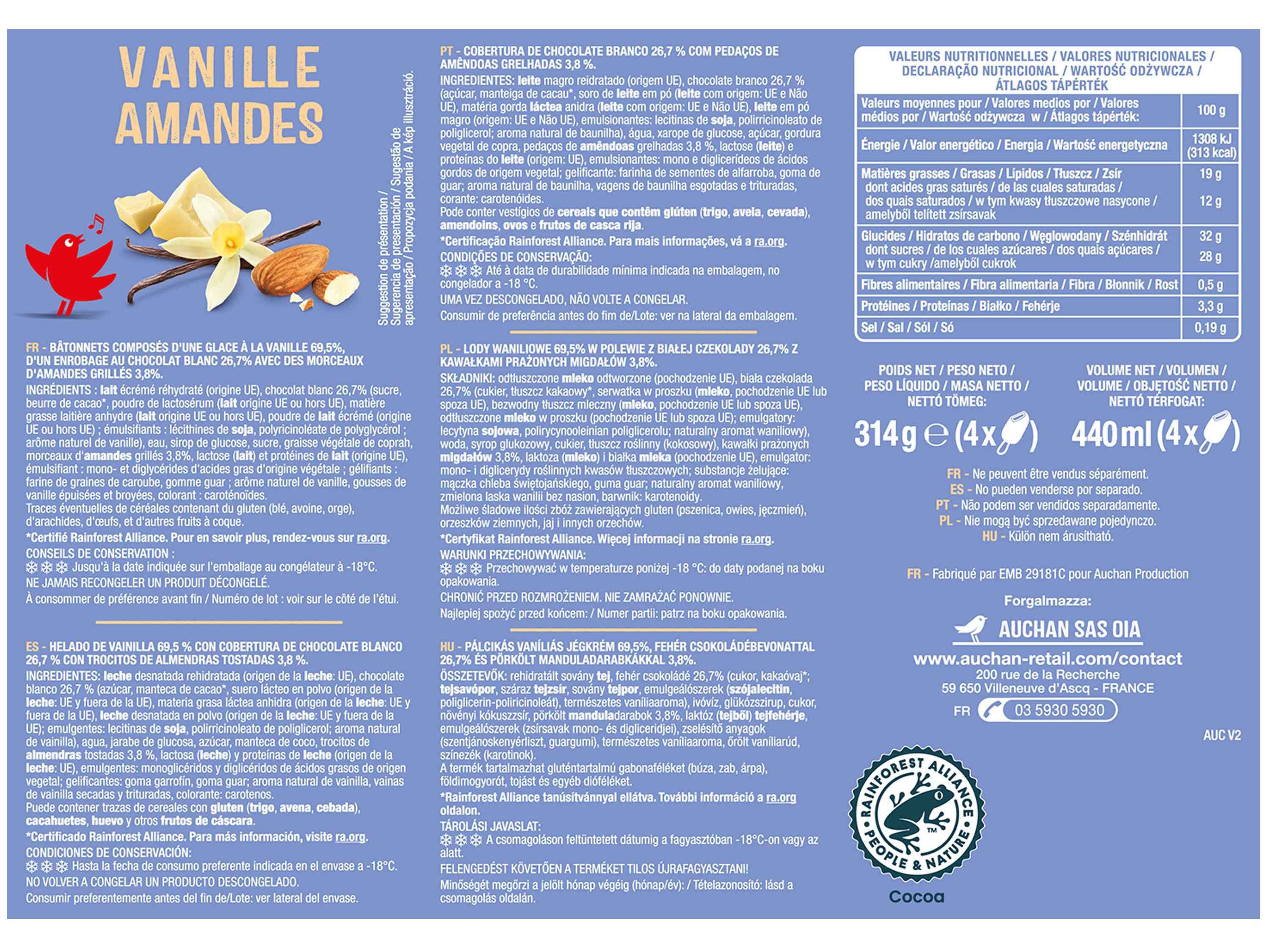 GELADO PALITO AUCHAN CHOCOLATE BRANCO COM AM&Ecirc;NDOAS 4X110ML image number 2