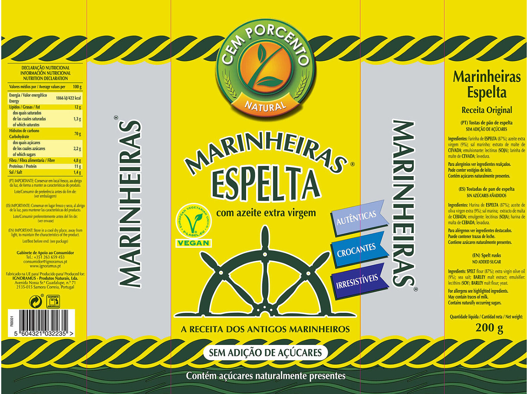 BOLACHAS CEM PORCENTO MARINHEIRAS ESPELTA 200G image number 1