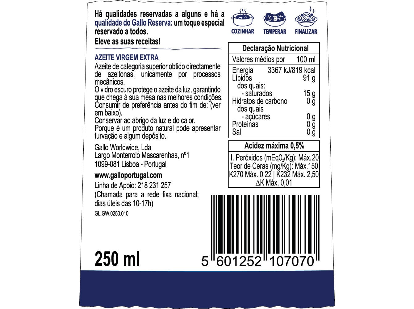 AZEITE GALLO VIRGEM EXTRA RESERVA 250ML image number 1