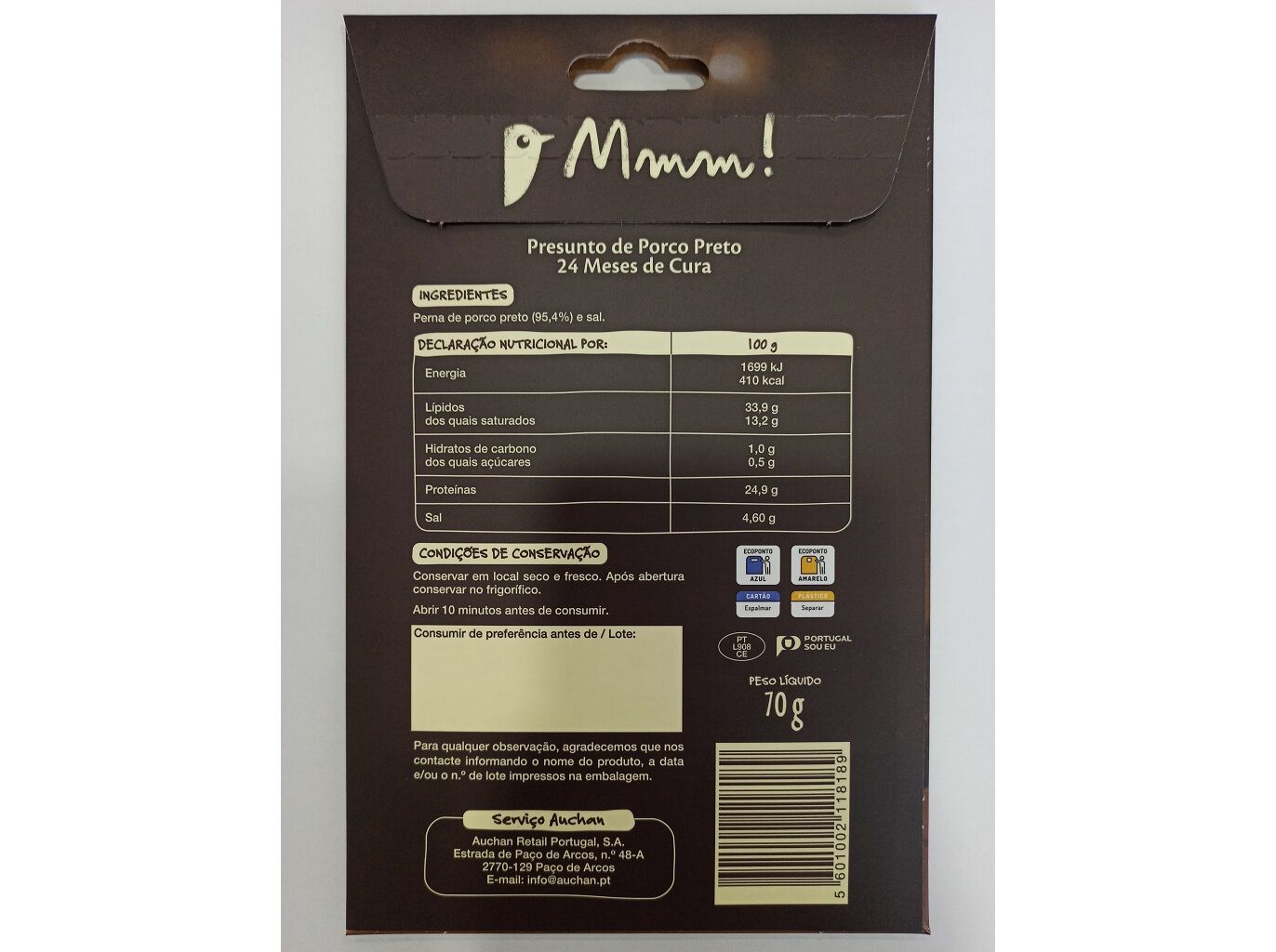 PRESUNTO DE PORCO PRETO AUCHAN &Agrave; MESA EM PORTUGAL CULTIVAMOS O BOM ALENTEJO 24 MESES CURA 70 G image number 1