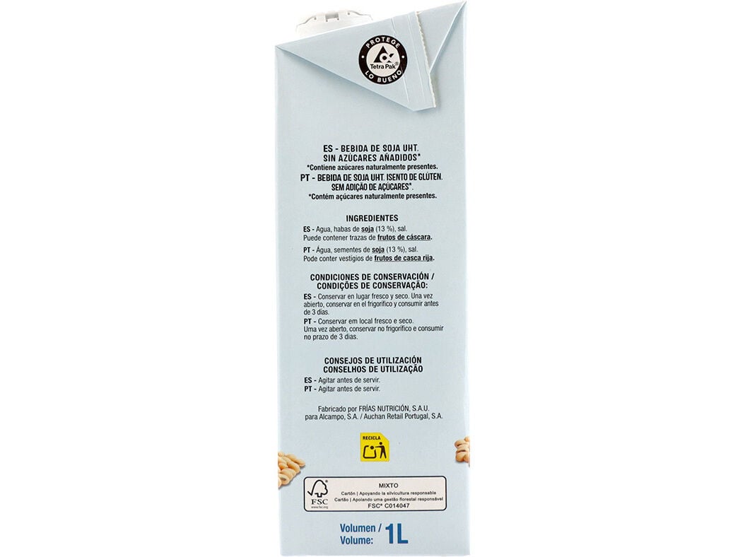 BEBIDA SOJA AUCHAN SEM GL&Uacute;TEN E SEM A&Ccedil;&Uacute;CARES ADICIONADOS 1L image number 2