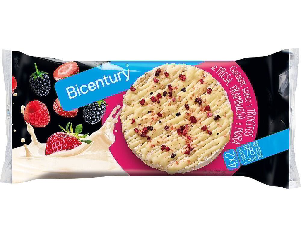 TORTITAS BICENTURY ARROZ CHOCOLATE BRANCO FRUTOS VERMELHOS 131.2G