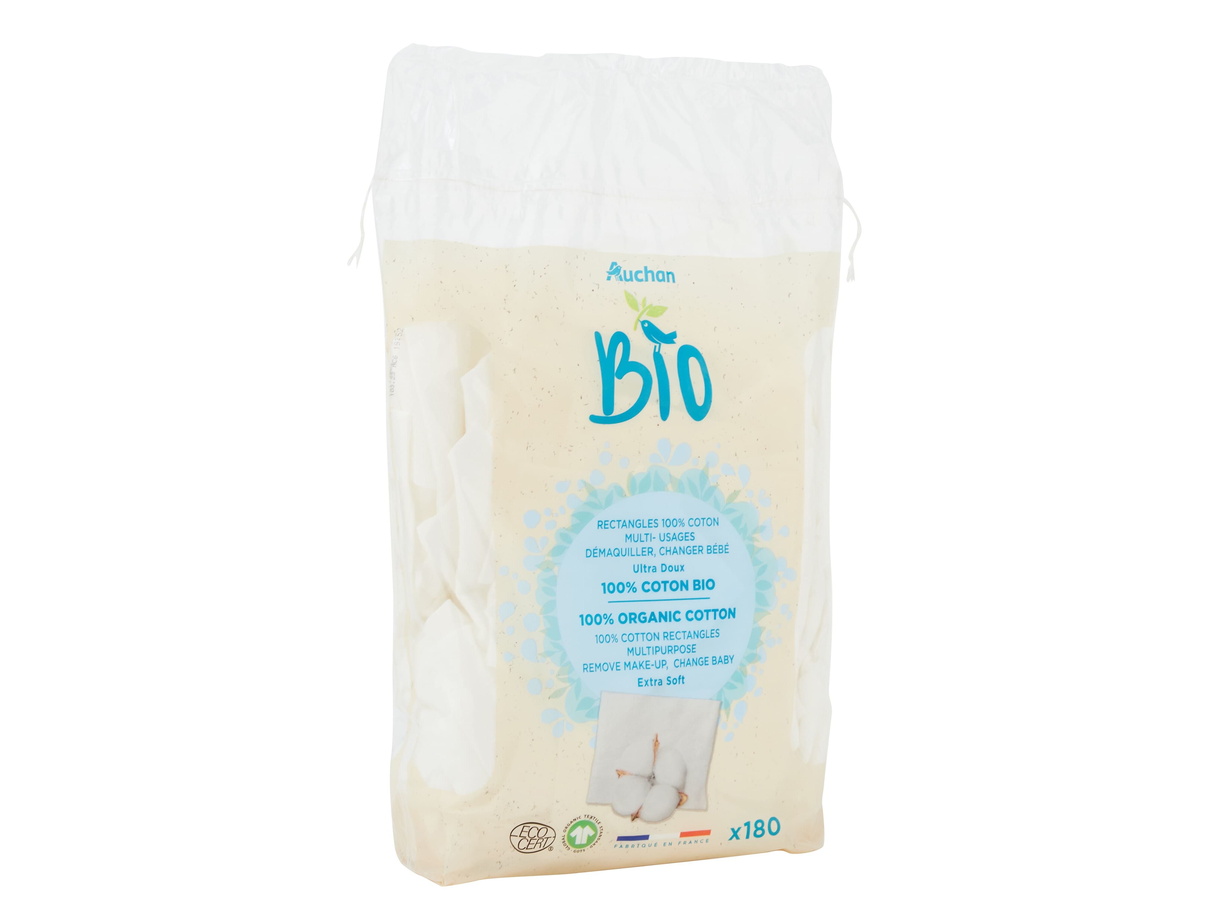 RET&Acirc;NGULOS AUCHAN BIO 100% ALGOD&Atilde;O BIOL&Oacute;GICO 180UN