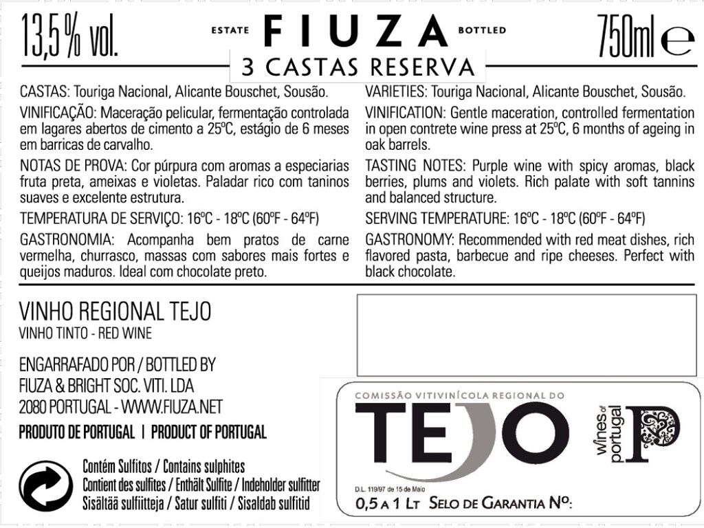 VINHO TINTO FIUZA 3 CASTAS RESERVA TEJO 0.75L image number 1