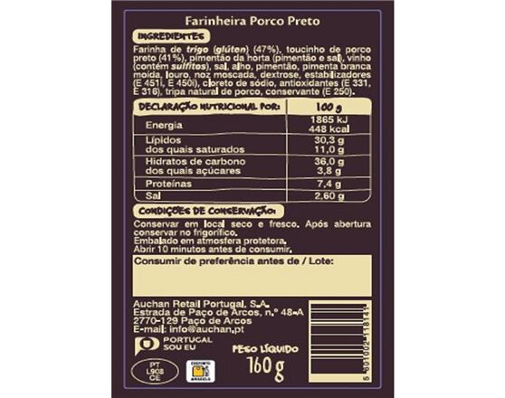 FARINHEIRA DE PORCO PRETO AUCHAN &Agrave; MESA EM PORTUGAL CULTIVAMOS O BOM ALENTEJO160G image number 1