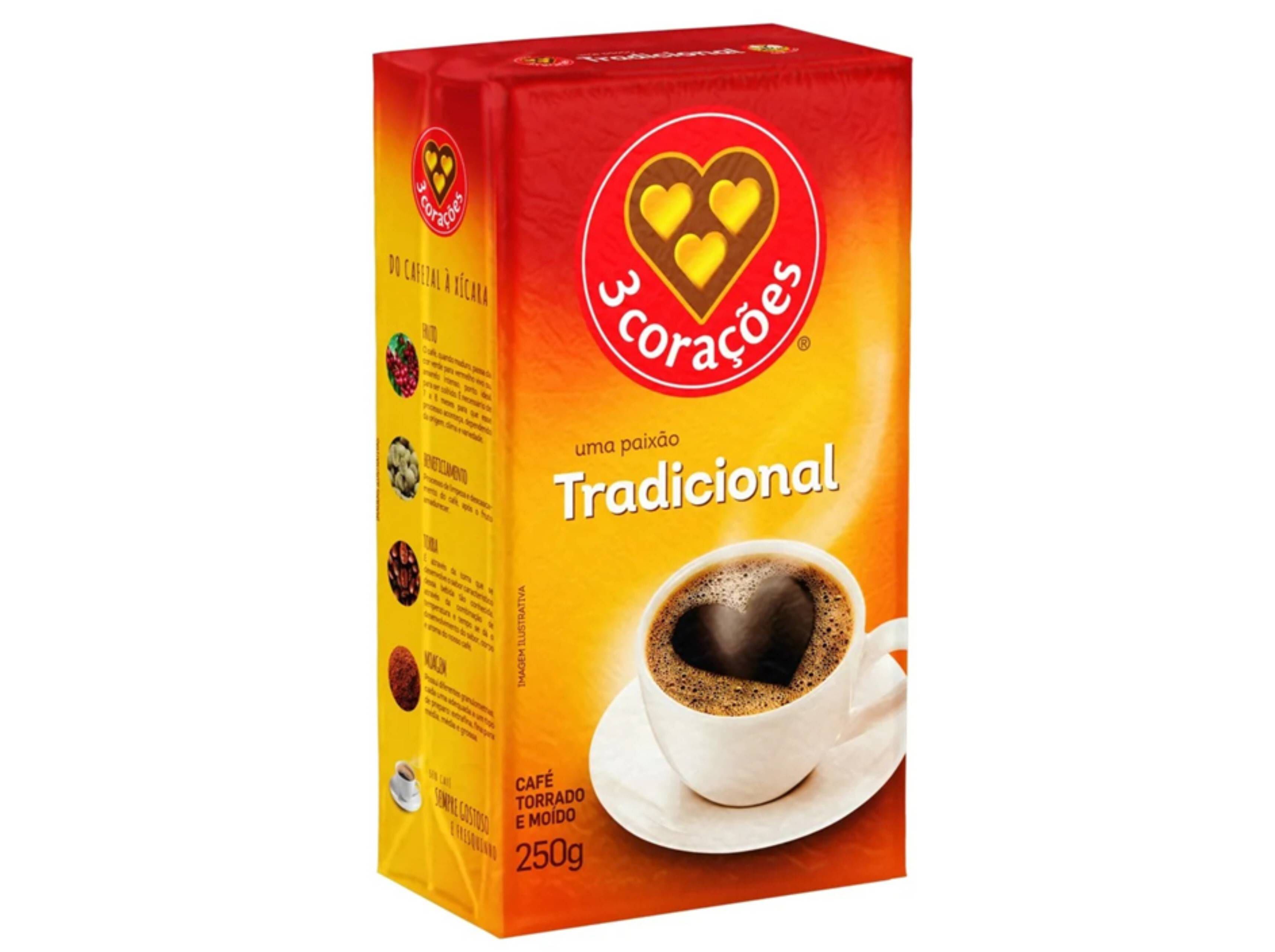 CAF&Eacute; TORRADO MO&Iacute;DO TR&Ecirc;S CORA&Ccedil;&Otilde;ES TRADICIONAL 250G