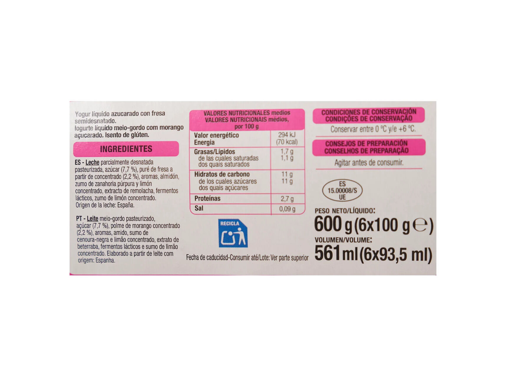 IOGURTE AUCHAN L&Iacute;QUIDO MORANGO 6X100G image number 1