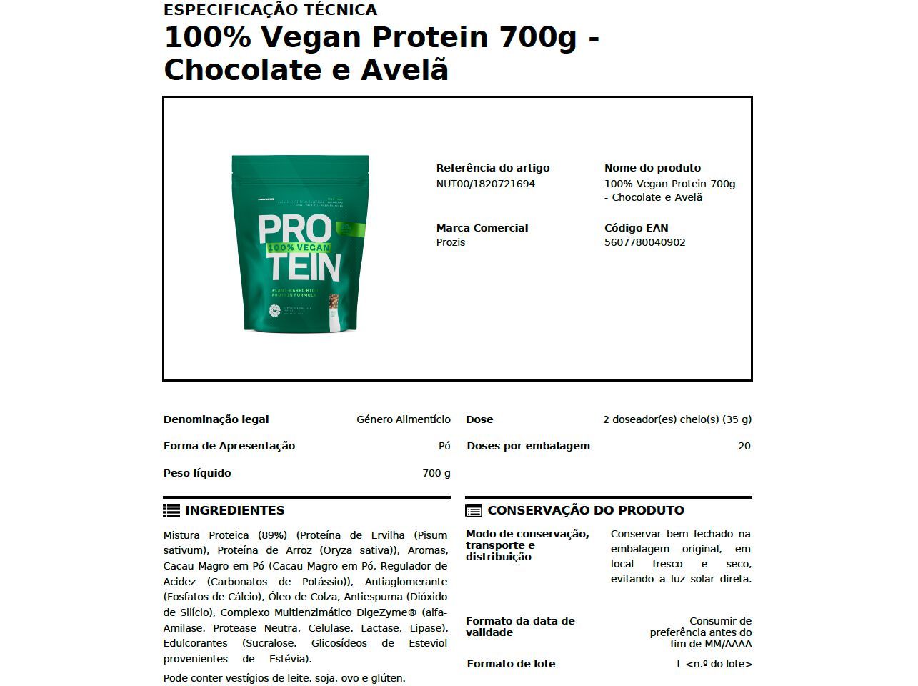 PROTEINA VEGETAL PROZIS CHOCOLATE E AVEL&Atilde; 700G image number 1