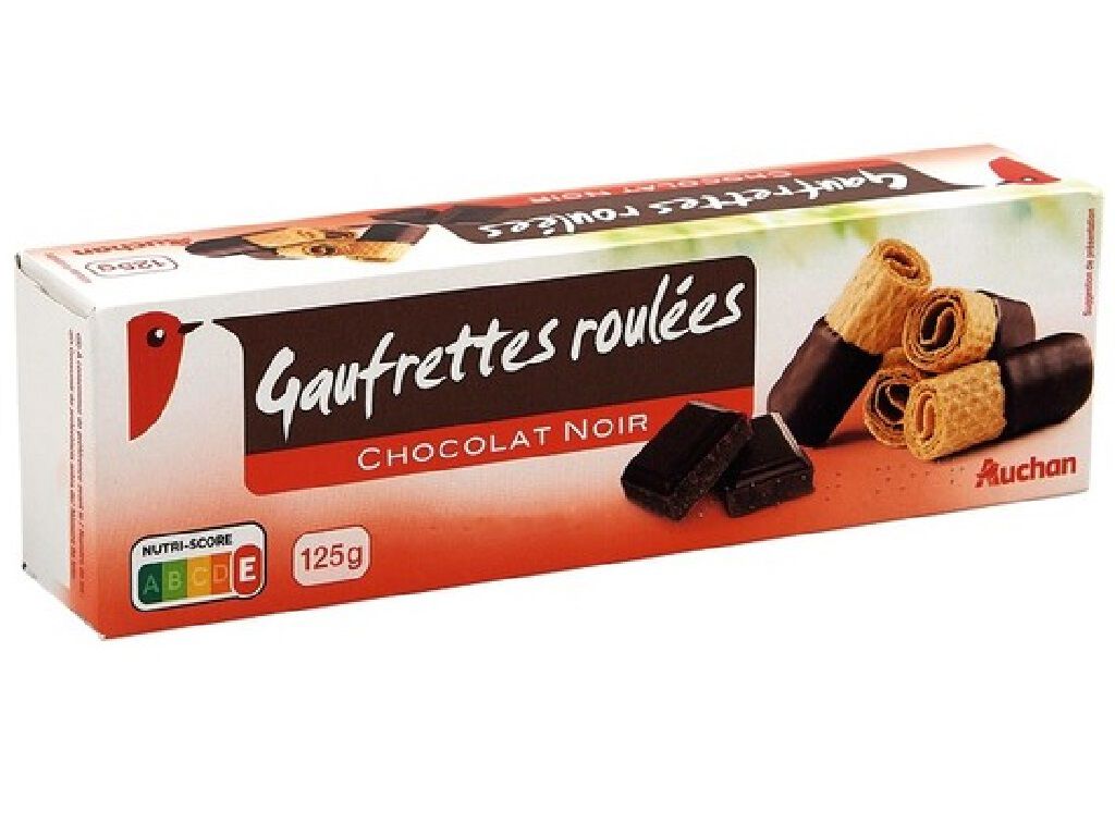 BOLACHA AUCHAN WAFFERS ROLINHO SEMI COBERTURA CHOCOLATE PRETO 125G image number 0