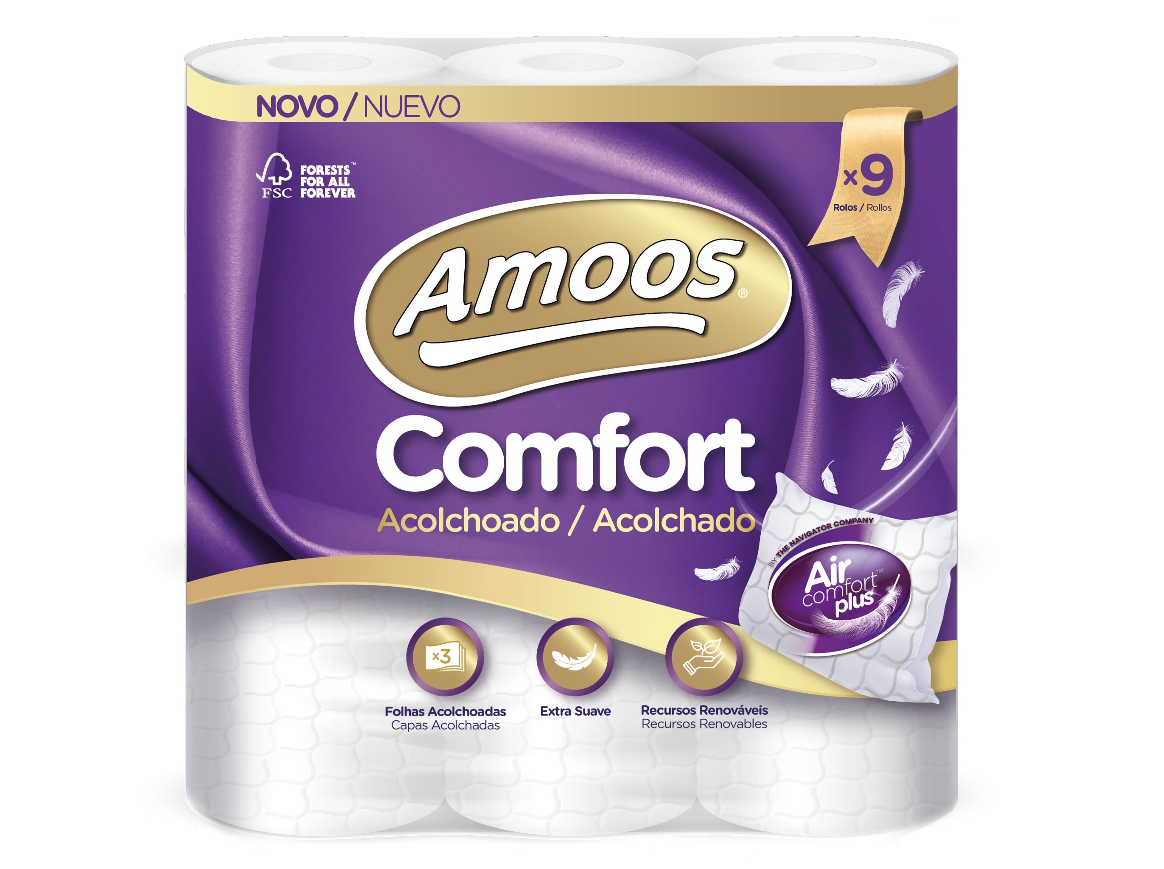 PAPEL HIGI&Eacute;NICO AMOOS ACOLCHOADO 3FOLHAS 9ROLOS image number 1