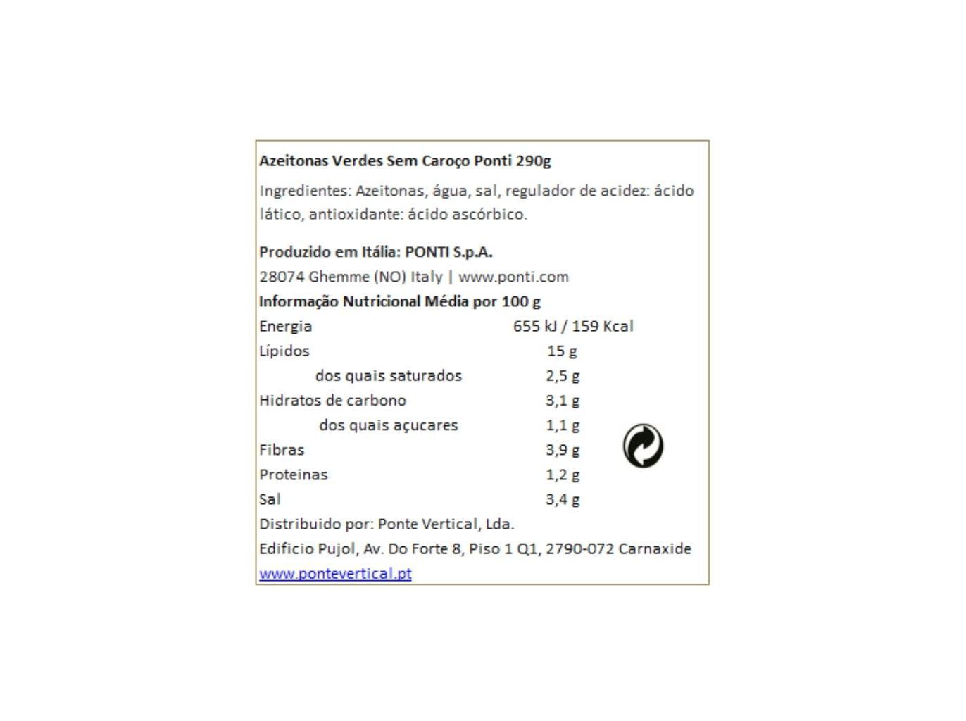 AZEITONA VERDE PONTI S/CARO&Ccedil;O 290(130)G image number 1