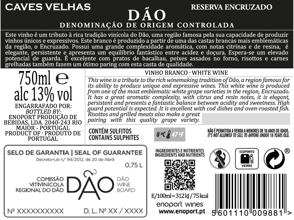 VINHO BRANCO CAVES VELHAS D&Atilde;O RESERVA ENCRUZADO 0.75L image number 2