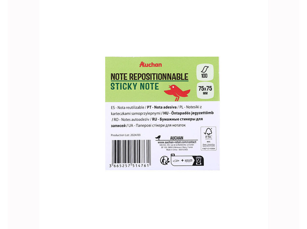 BLOCO NOTAS ADESIVAS AUCHAN 75X75MM image number 1