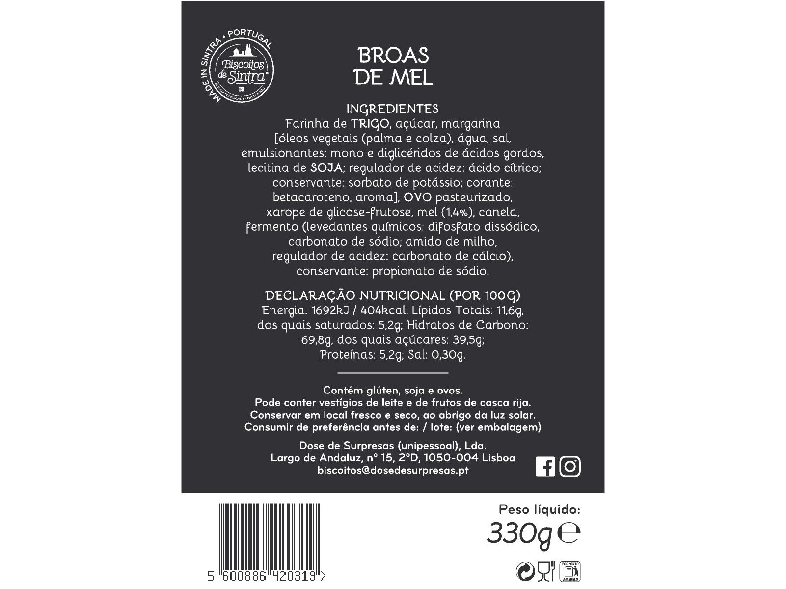 BROAS BISCOITOS DE SINTRA DE MEL 330GR image number 1