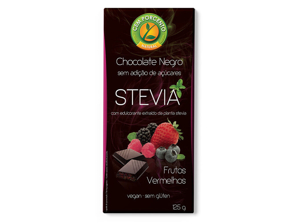 TABLETE CHOCOLATE NEGRO CEM PORCENTO STEVIA COM FRUTOS VERMELHOS 125G image number 0