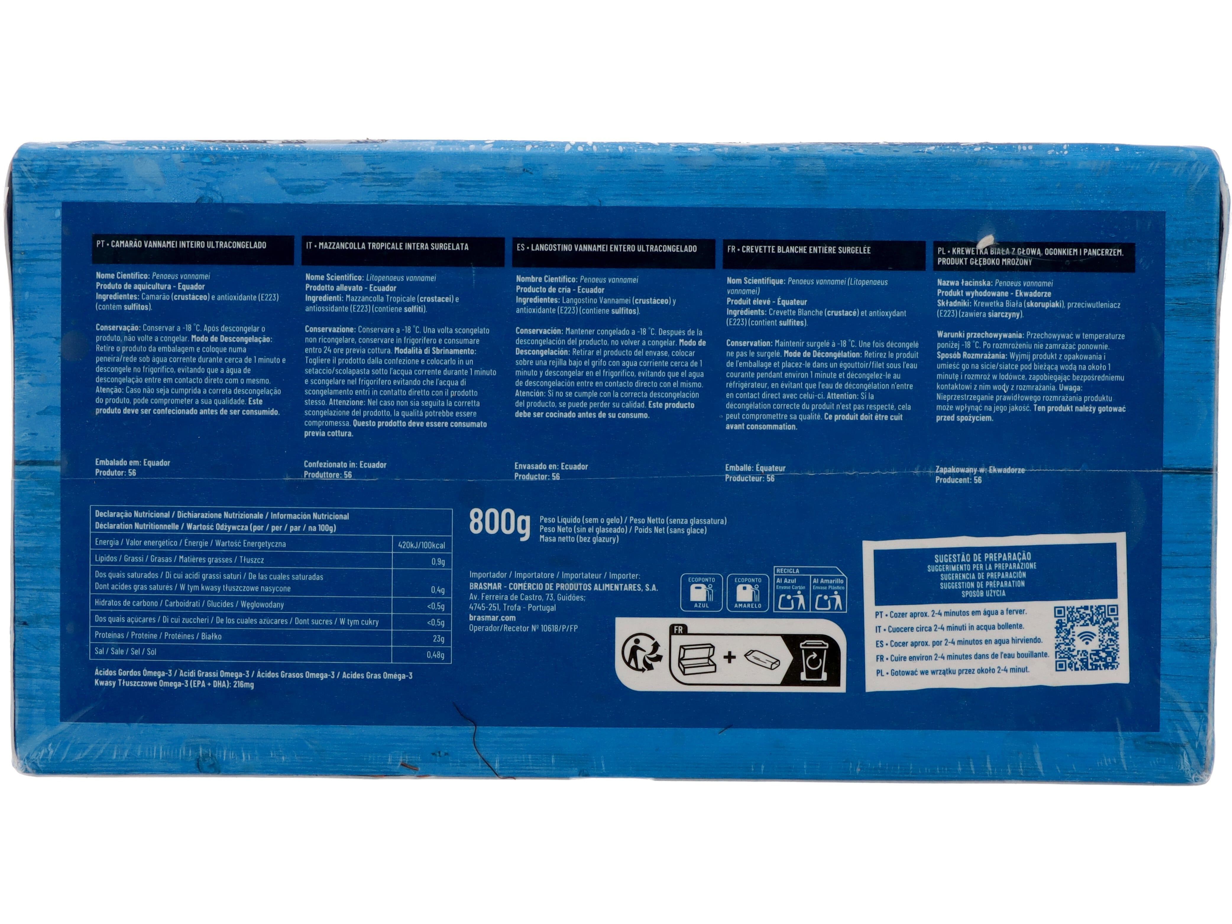 CAMAR&Atilde;O VANNAMEI BRASMAR INTEIRO 40/50 ULTRACONGELADO 800G image number 2