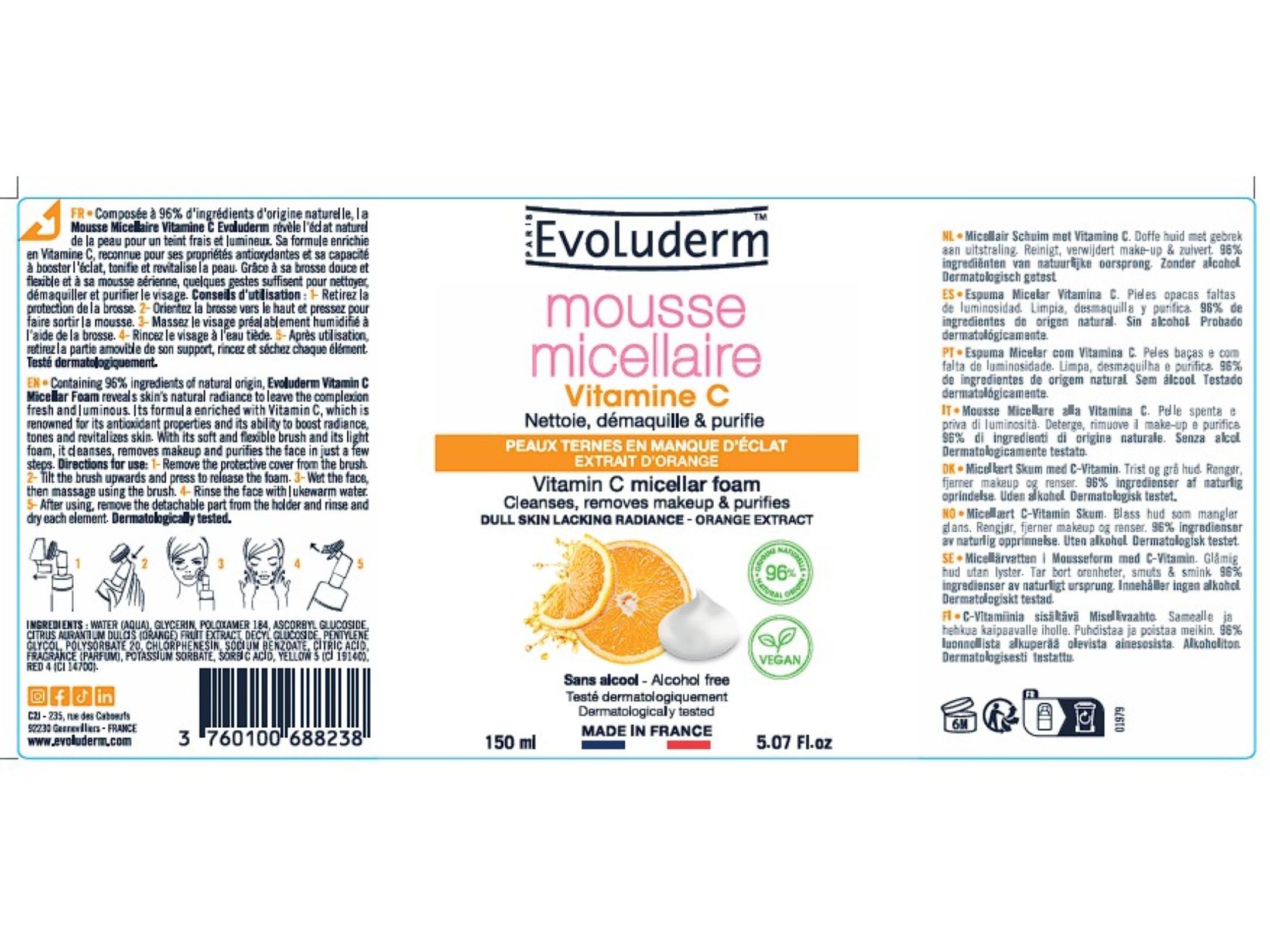 MOUSSE DE LIMPEZA EVOLUDERM VITAMINA C ESCOVA 150 ML image number 1