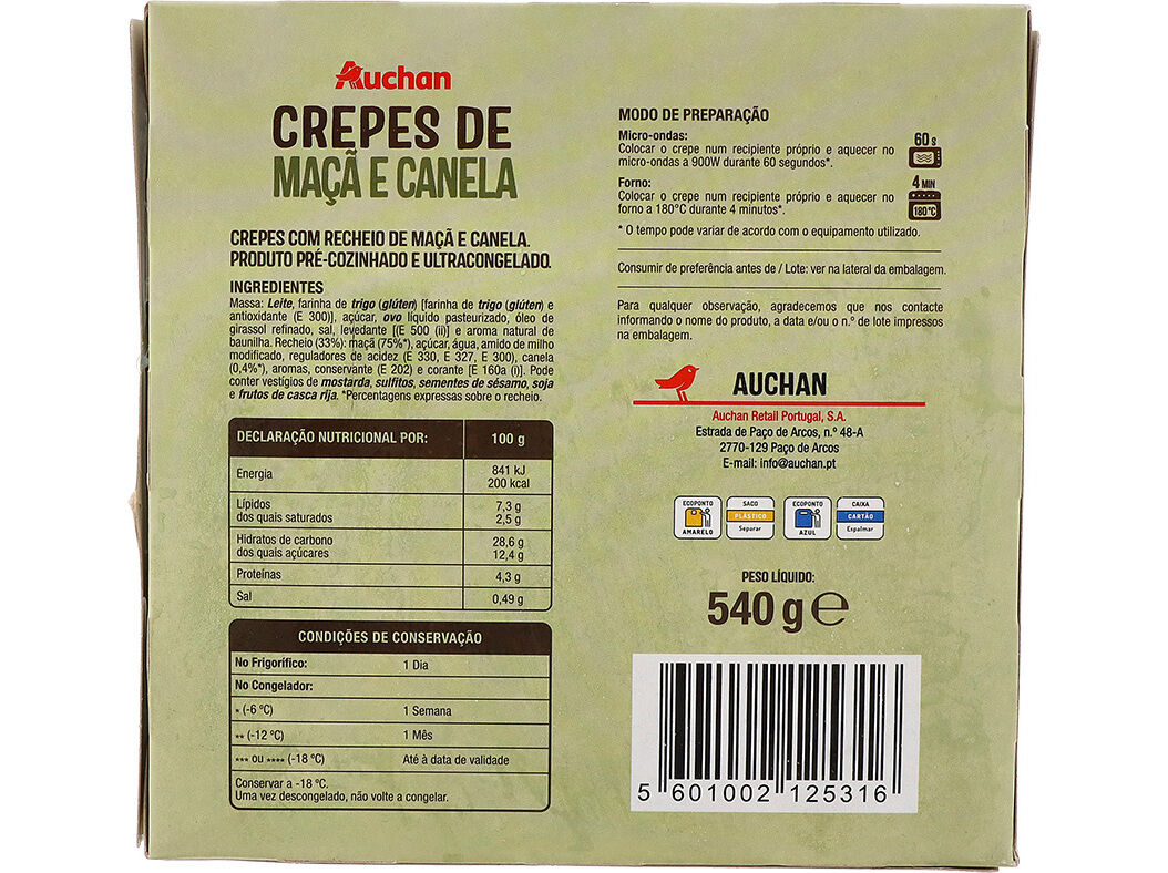 CREPES AUCHAN MA&Ccedil;&Atilde; E CANELA 6UN 540G image number 1
