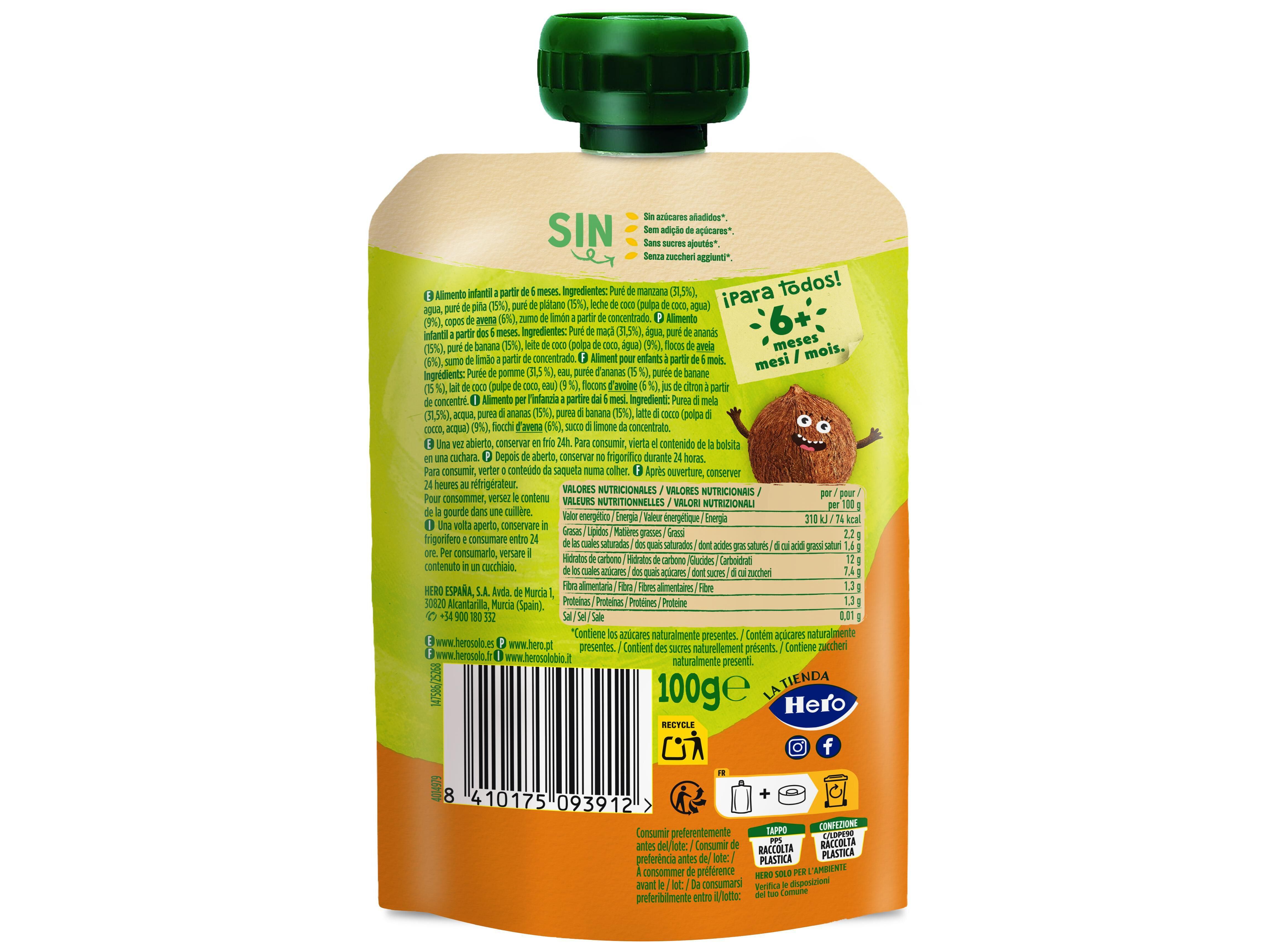 SAQUETA FRUTA HERO SOLO ANAN&Aacute;S LEITE COCO E AVEIA 100G image number 1