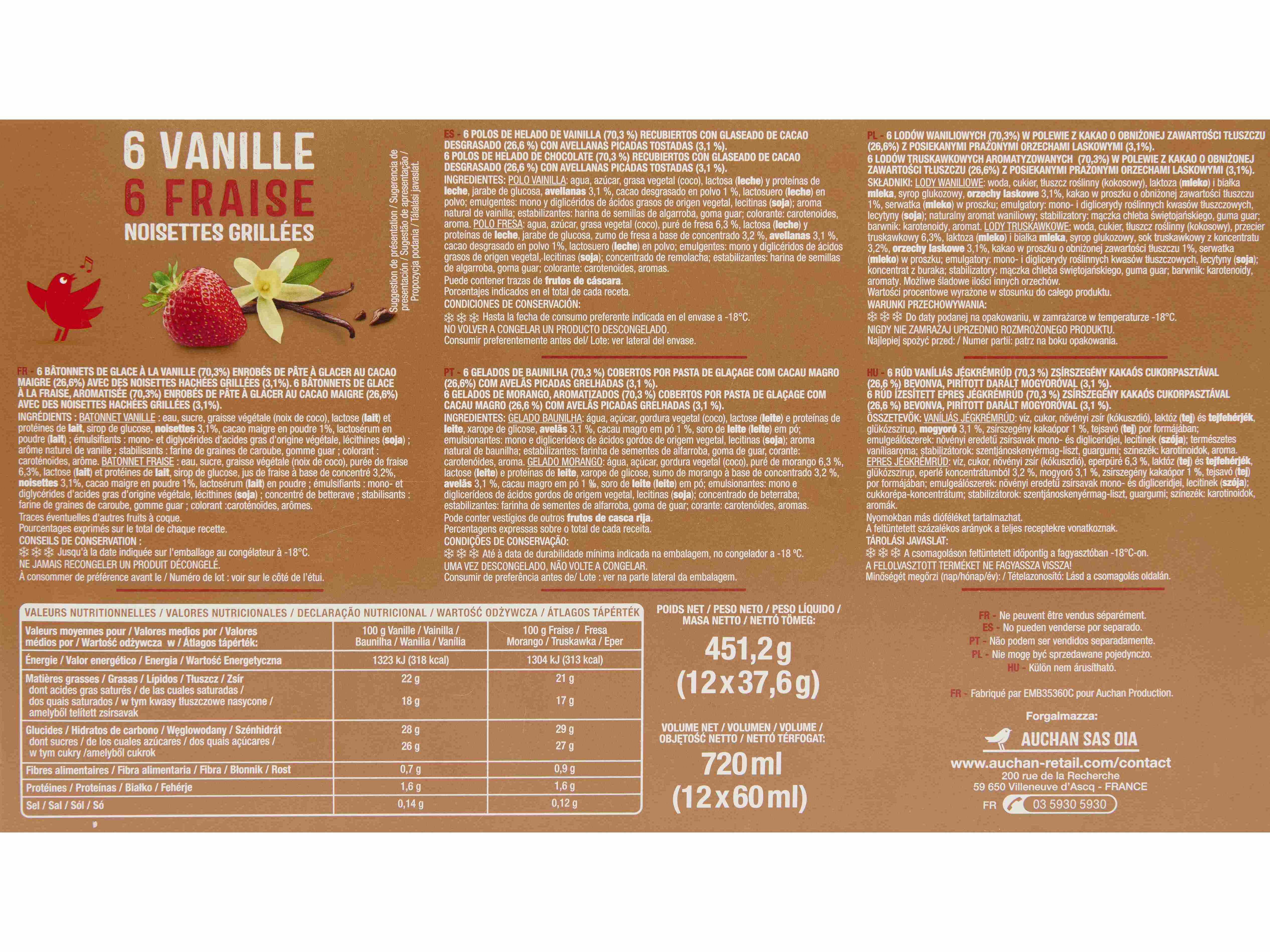 GELADO PALITO AUCHAN BAUNILHA MORANGO 12X60ML image number 2