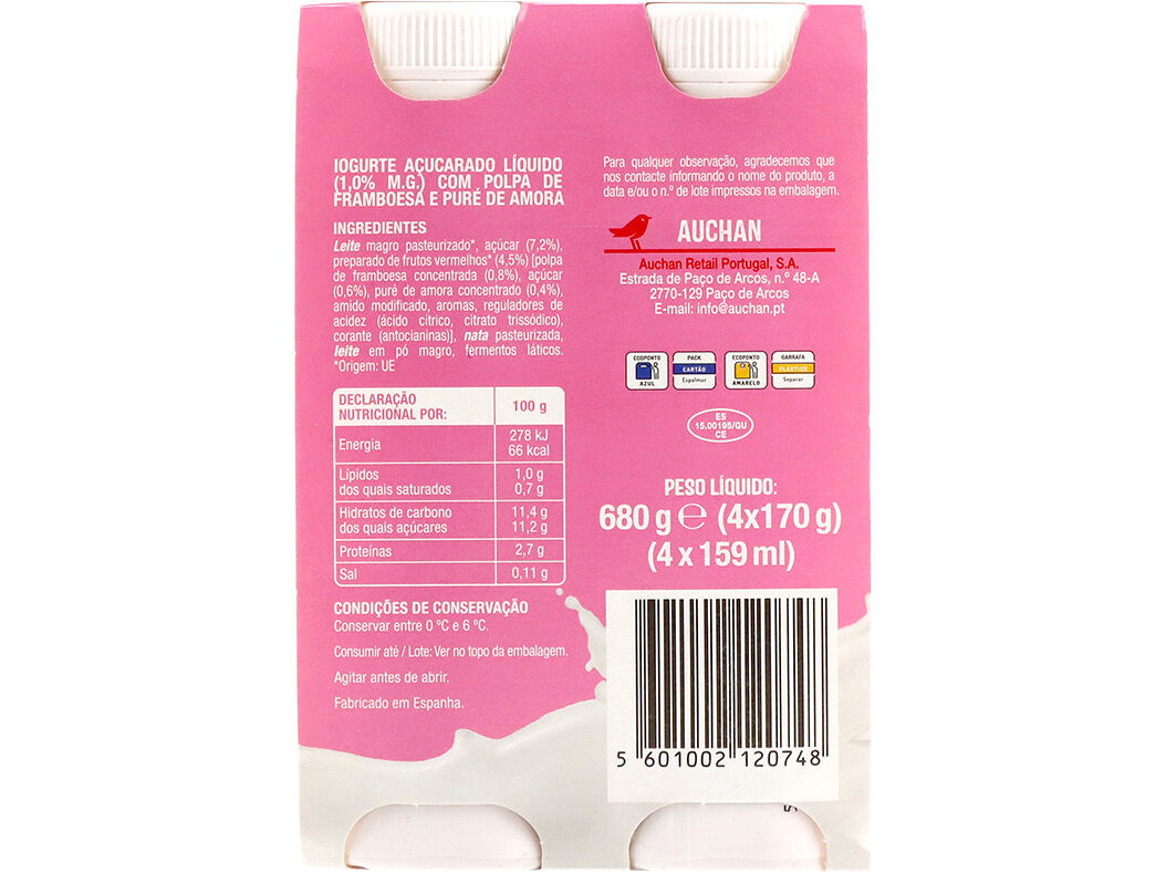 IOGURTE LIQUIDO AUCHAN FRUTOS VERMELHOS 4X170G image number 2