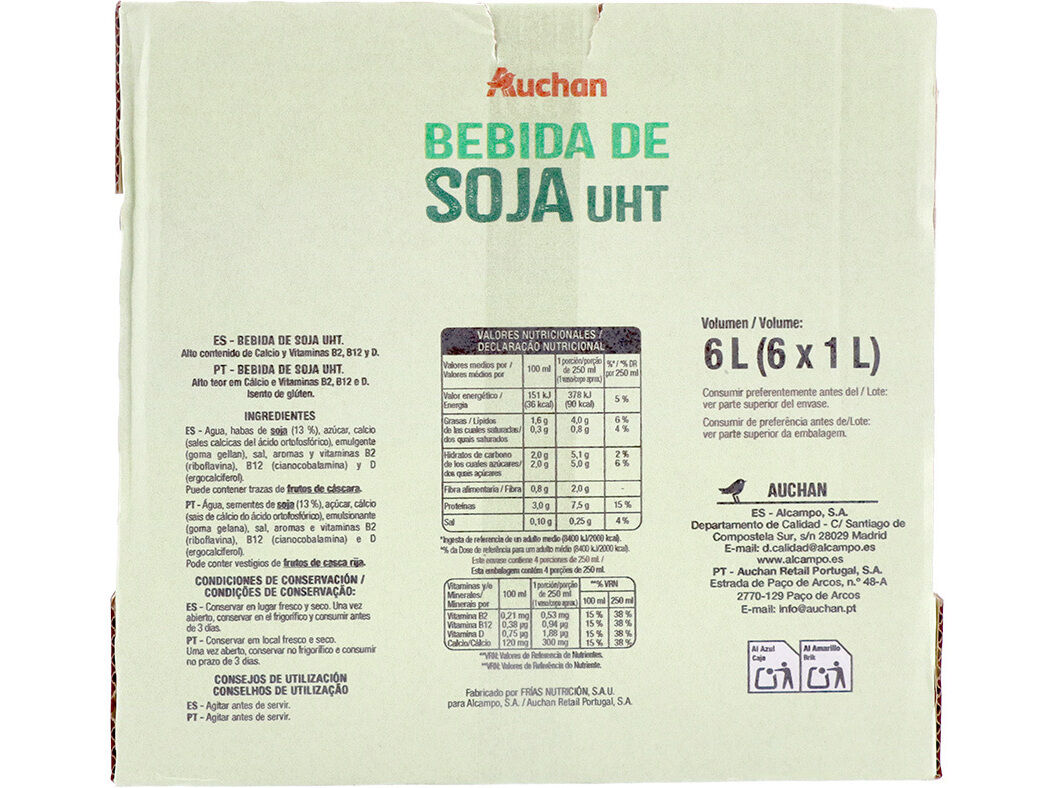 BEBIDA SOJA UHT AUCHAN S/GL&Uacute;TEN 6X1L image number 1