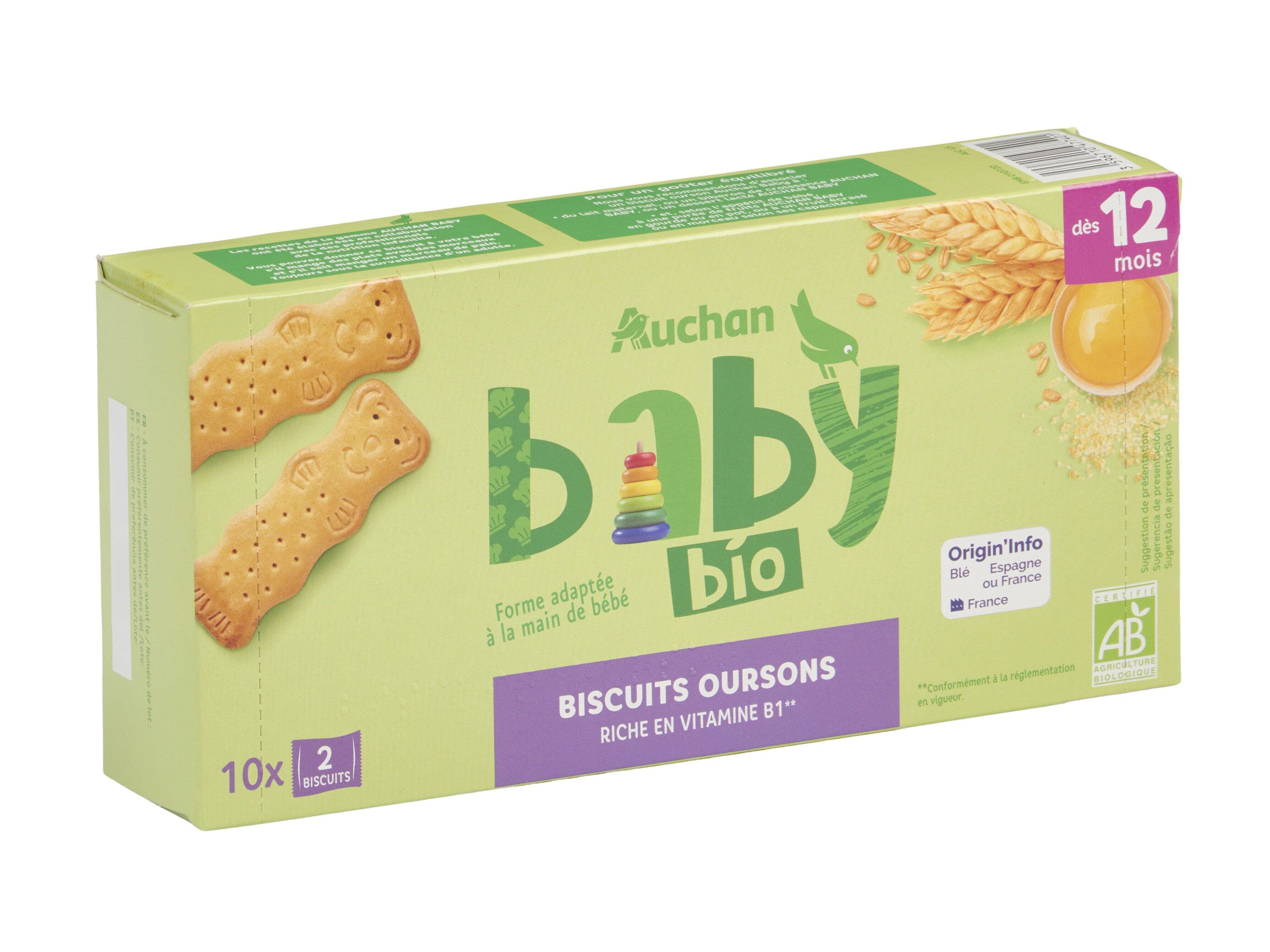 BOLACHINHAS AUCHAN BABY BIO A PARTIR DOS 12 MESES 10 SAQUETAS 150G image number 0
