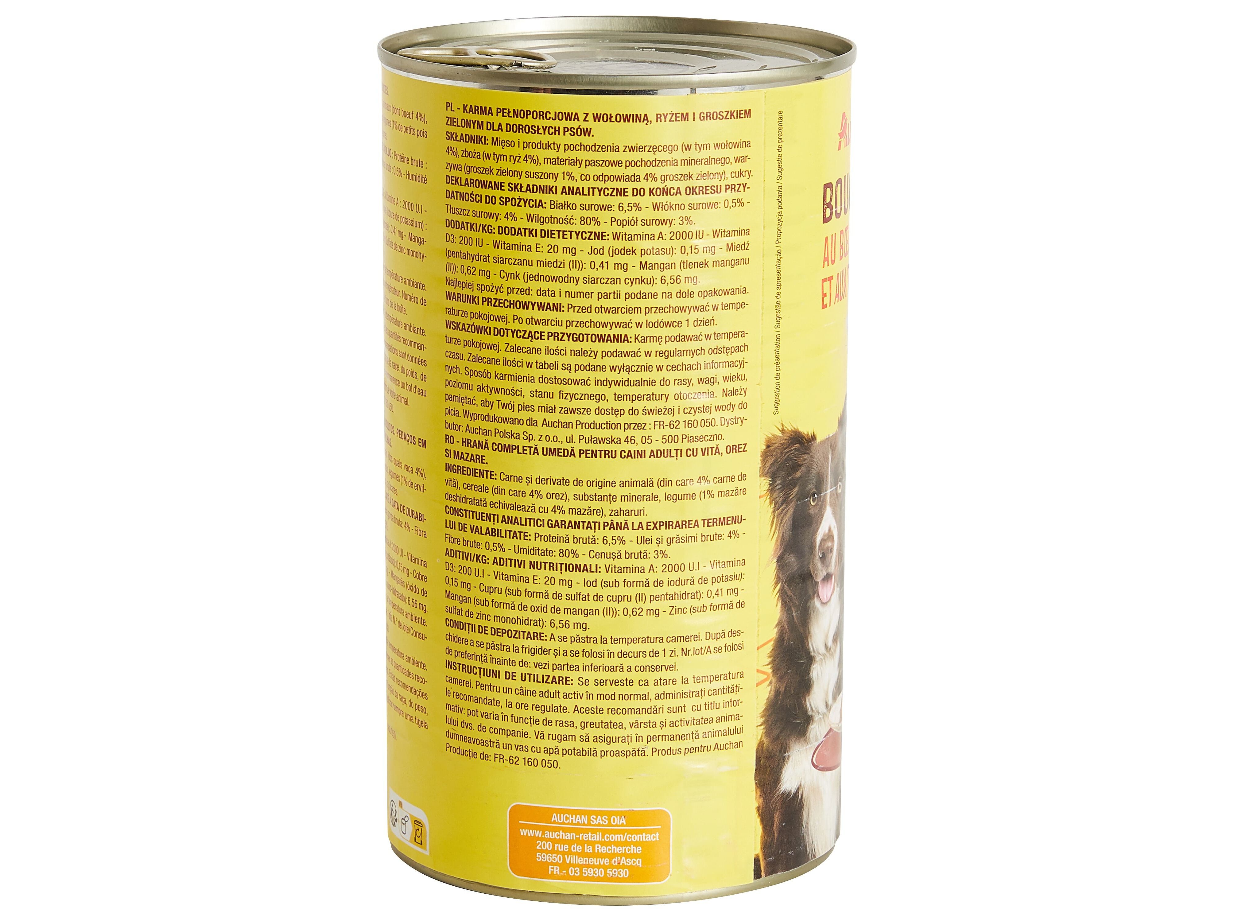 COMIDA H&Uacute;MIDA PARA C&Atilde;O AUCHAN PEDA&Ccedil;OS EM MOLHO COM VACA COM ARROZ E COM ERVILHAS 1200G image number 1