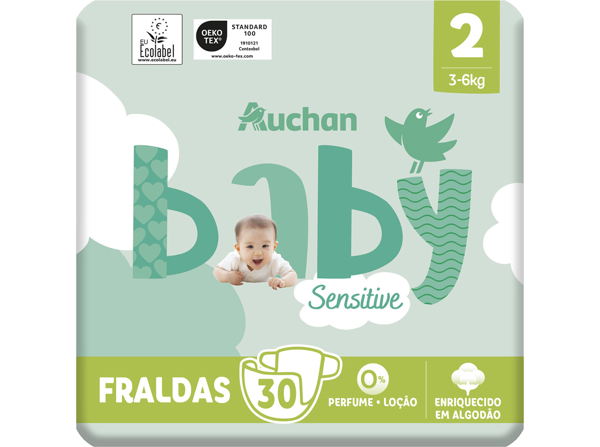 FRALDAS AUCHAN BABY SENSITIVE ECOL&Oacute;GICAS TAMANHO 2 3-6KG 30UN
